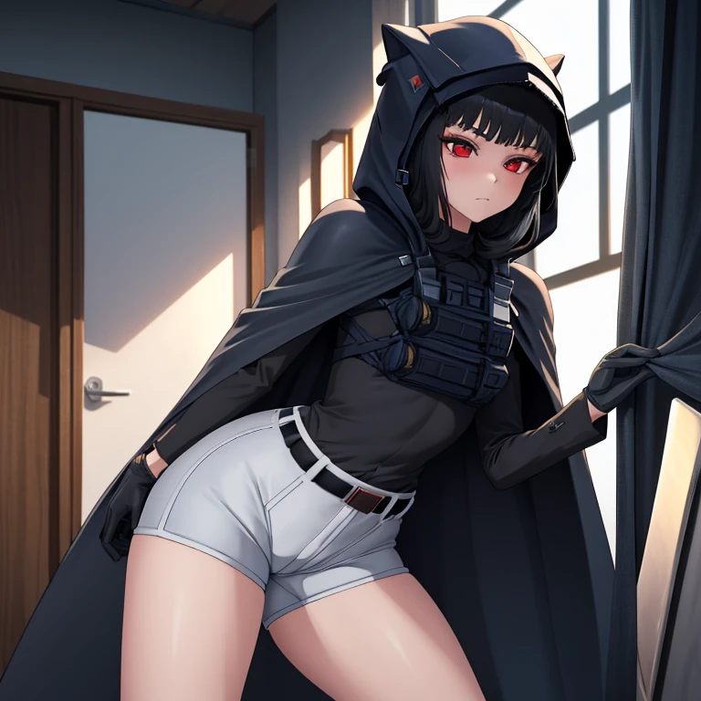 Solo, 1girl, dnikke, long sleeves, hood up, black shirt, gloves, shorts, cloak, cape, belt, tactical clothes, room