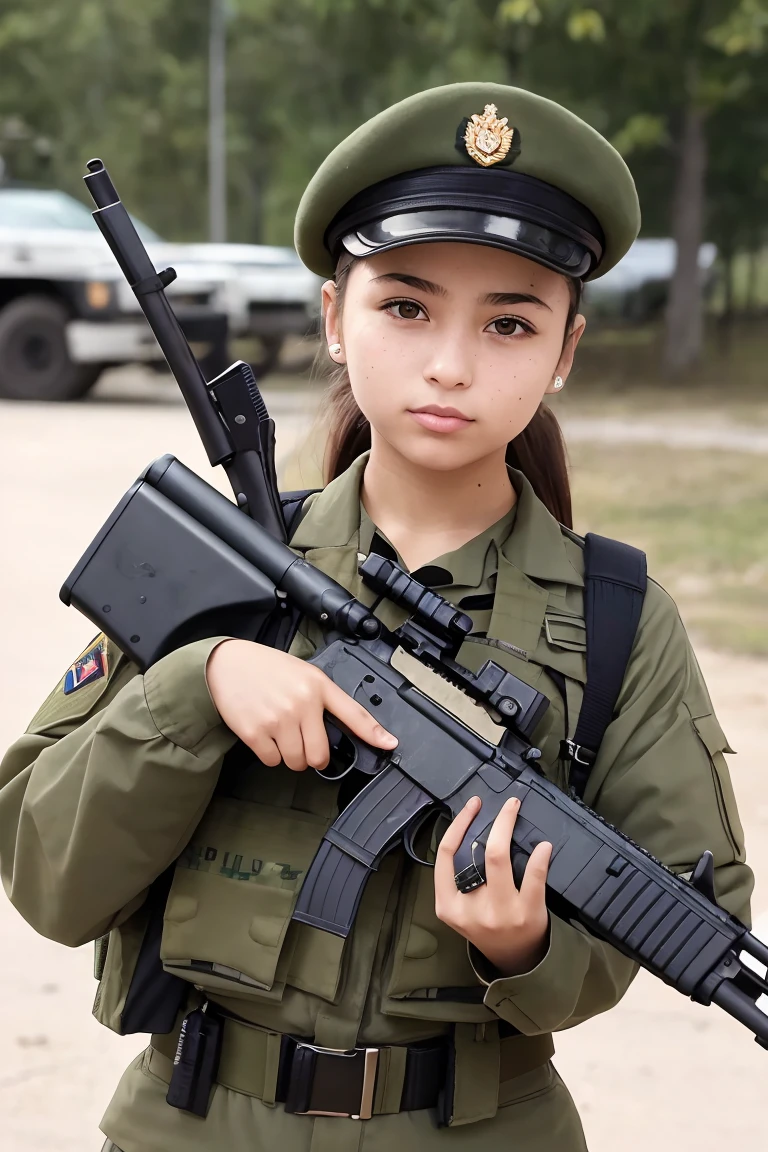 garota jovem, 18-years old, hair tied with bow, wearing military beret, wearing tactical military uniform, with tactical military vest, holding an FN FAL rifle wearing Russian army uniform.