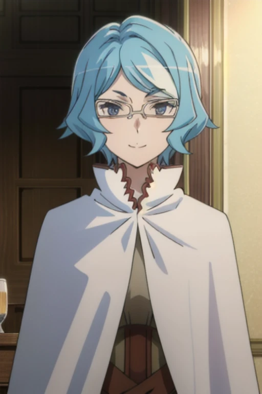 tall body, tall, long legs, smile, mature female, mature, adult, eft_danmachi_blue, glasses, 1girl, female focus, solo, upper body, looking at viewer, blue hair, blue eyes, short hair, white cape, closed mouth,