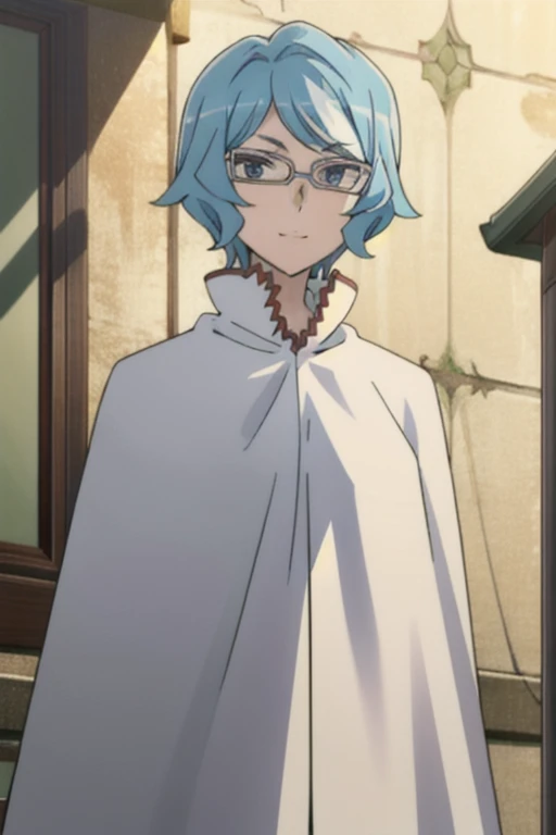 tall body, tall, long legs, smile, mature female, mature, adult, eft_danmachi_blue, glasses, 1girl, female focus, solo, upper body, looking at viewer, blue hair, blue eyes, short hair, white cape, closed mouth,