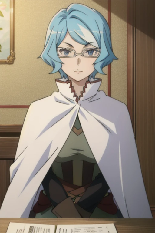 tall body, tall, long legs, smile, mature female, mature, adult, eft_danmachi_blue, glasses, 1girl, female focus, solo, upper body, looking at viewer, blue hair, blue eyes, short hair, white cape, closed mouth,