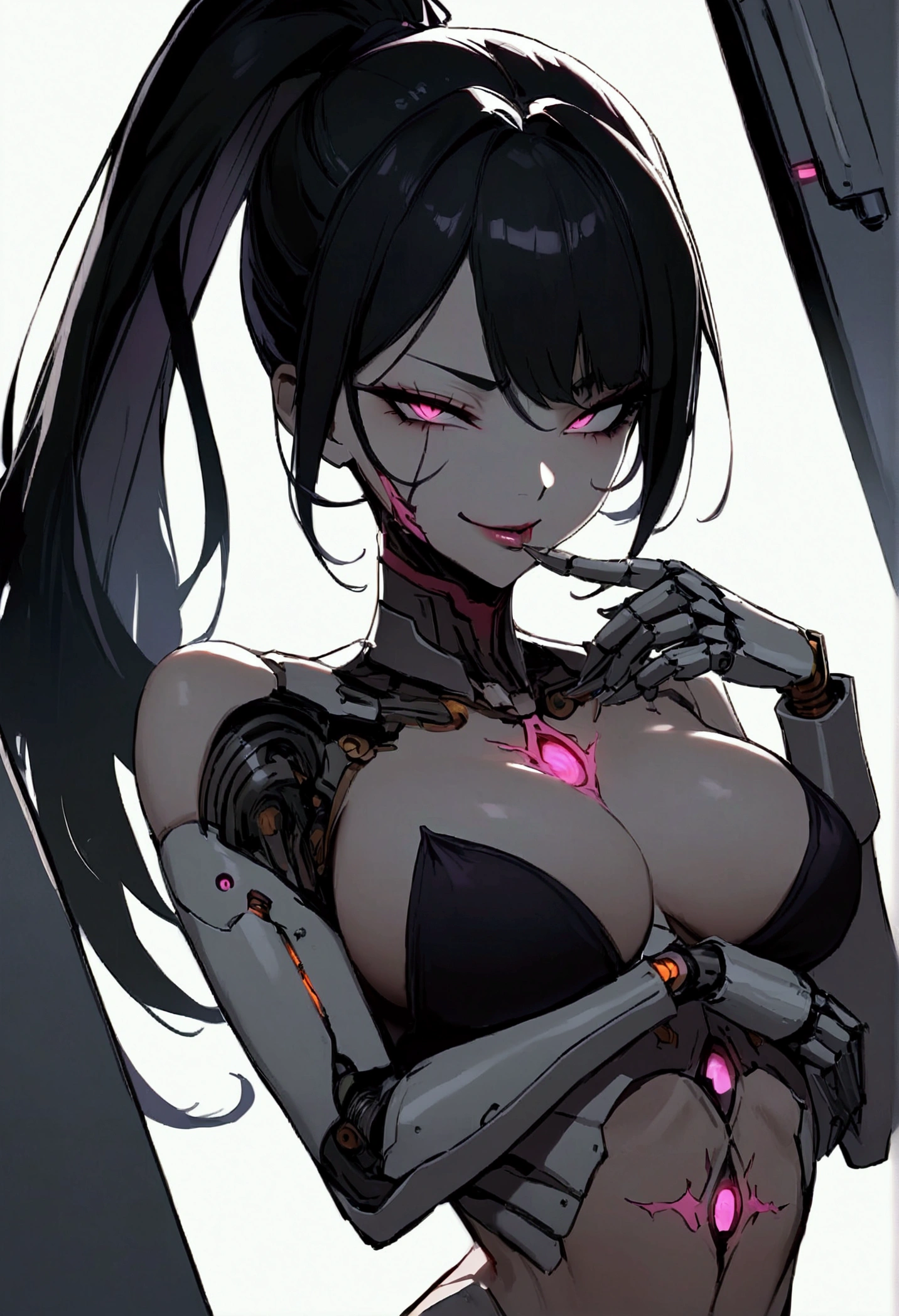 woman, cyborg, high ponytail, eletronics implants, perfect body, black hair, corruption, seductive  smile, evil smile, finger on lips