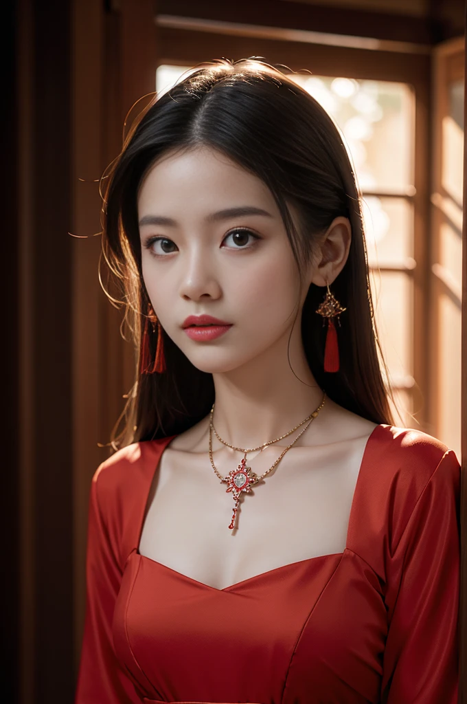 ((((8k))),((Extremely meticulous CG)) ,(wallpaper),16k,((Extremely refined and beautiful)),(((Masterpiece))),(((best qualtiy))),(((Ultra High Resolution))),beautiful light up,Perfect lightning,realistic shaded,(Smooth and flawless fair skin:1.5),(pale skin:1.3),Extremely exquisite facial details,(perfect body:1.1),ultra-detailed,A beautiful girl,solo,(small head:1.2),(Princess Crown:1.2),(short ponytail:1.1),(detailed eyes:1.2),(small face:1.1),(Exquisite makeup:1.2),(shiny skin:1.5),(small breasts:1.1),(flat chests:1.2),((slim,thin)),(happy:1.2),(laughing:1.2),(Crystal Necklace:1.2),(Maxi ruffled Gothic red dress made of roses:1.5),(lace gloves:1.1),(thighs),(slender legs:1.2),(stockings:1.3),(high heels:1.2),(night scene:1.5),indoor,(In the luxurious palace style hotel bedroom:1.5),(The room is filled with roses:1.3),(detailed background:1.5),(standing:1.3),(close-up of upper body:1.3),(from front:1.3),(bright light:1.3)