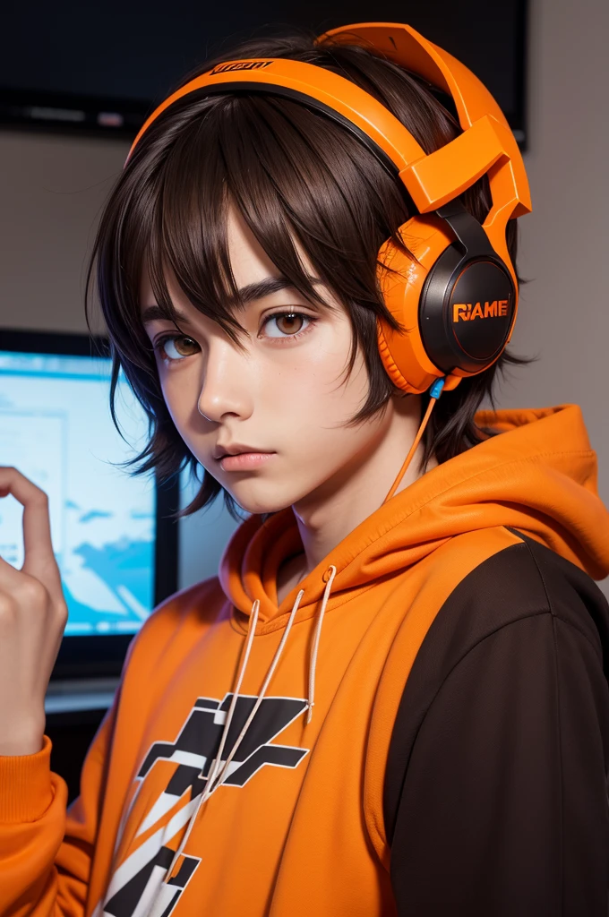 Anime gamer boy, dark brown hair, orange eyes, orange sweatshirt, he wears a gaming headset on his head