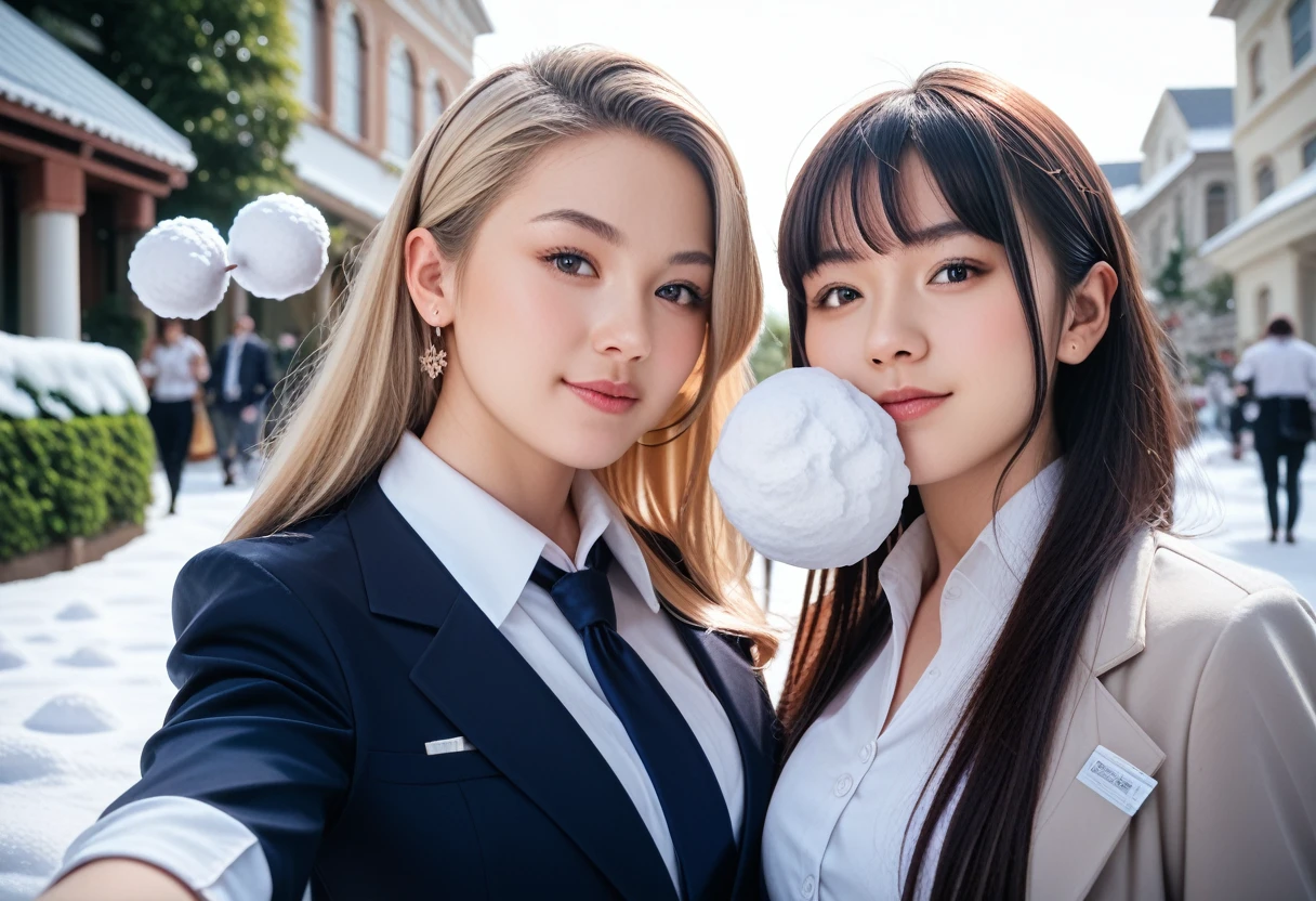 8k, raw photo, best quality, masterpiece, realistic, photo realistic, clear, professional lighting, beautiful face, best quality,ultra high res, realistic japanese beautiful, Super detailed, 2girls, clothed, outdoor, (snowball fight:1.2)