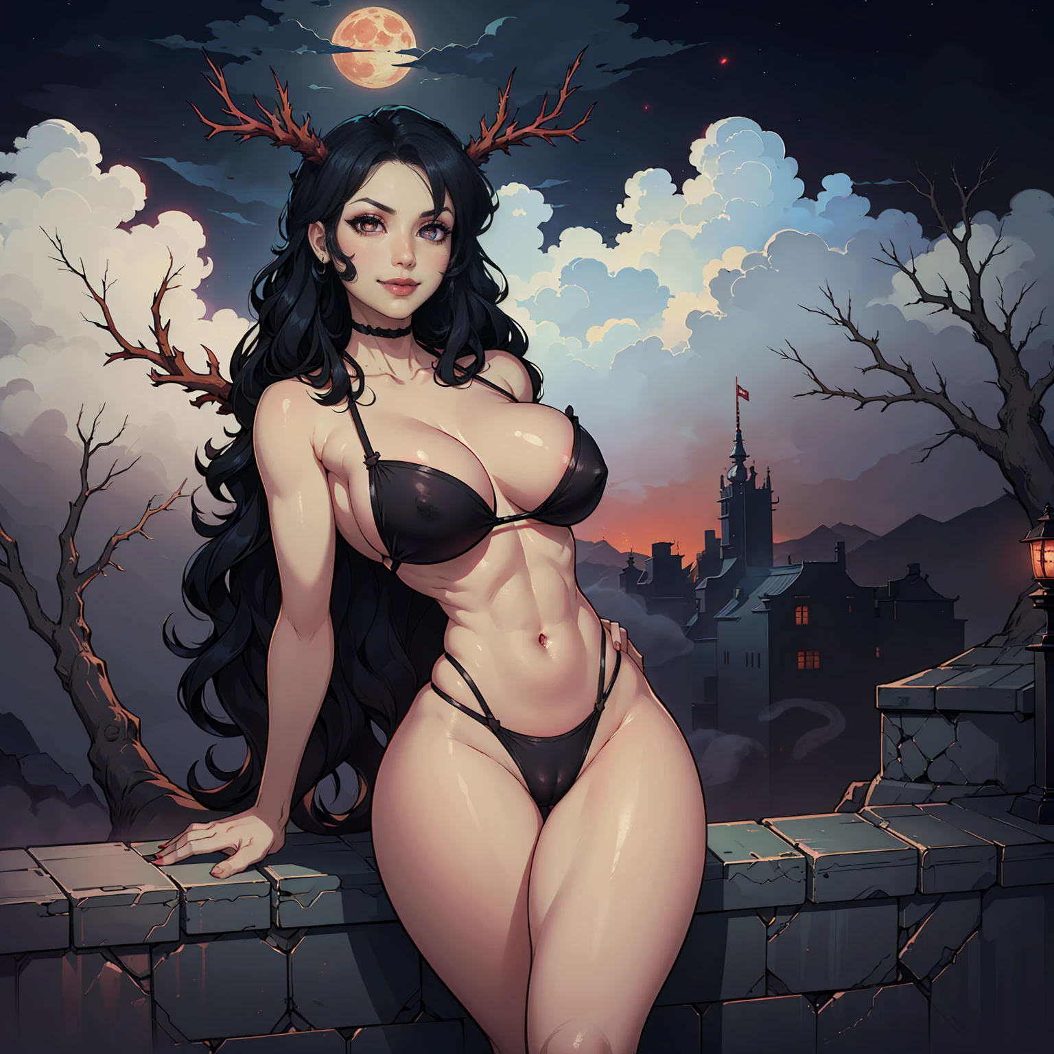 (((solo,1woman, mature, alone))), lubella, ((long hair, black hair, glowing red eyes, wide eyes, lipstick, makeup, narrow waist, skinny, medium breasts, pale skin, blue skin, antlers)), pelvic curtain, ((black bikini)), full body, perfect body, (insanely detailed, beautiful detailed face, masterpiece, best quality), (extremely detailed 8k paper CG wall unit: 1.1), (saigyou_ayakashi, bare_tree, moon, fog, night), (Sadistic smile face for the viewer), cameltoe view, cameltoe, View from above, Diagonal view