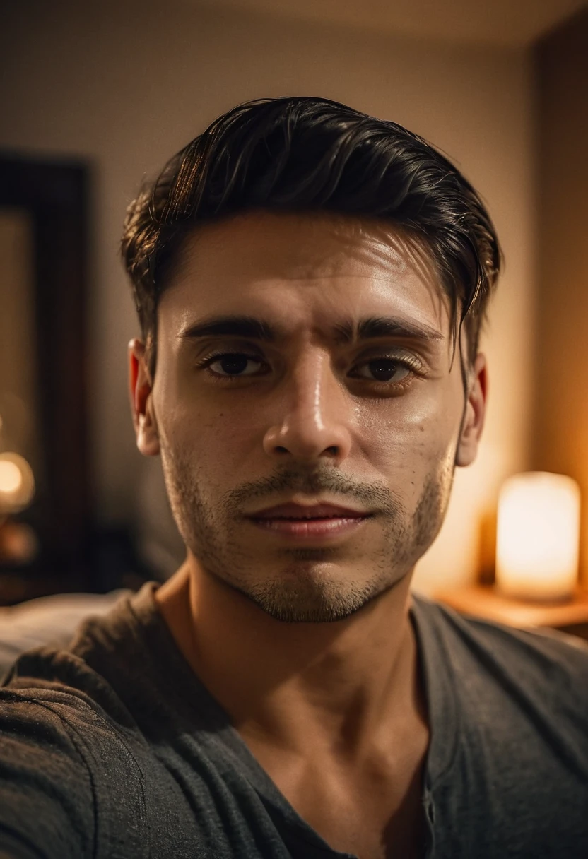 gu, a man taking a selfie in a bedroom, detailed facial features, high quality portrait, dramatic lighting, photorealistic, cinematic, moody atmosphere, warm color tones, shallow depth of field, beautifully lit, intricate details