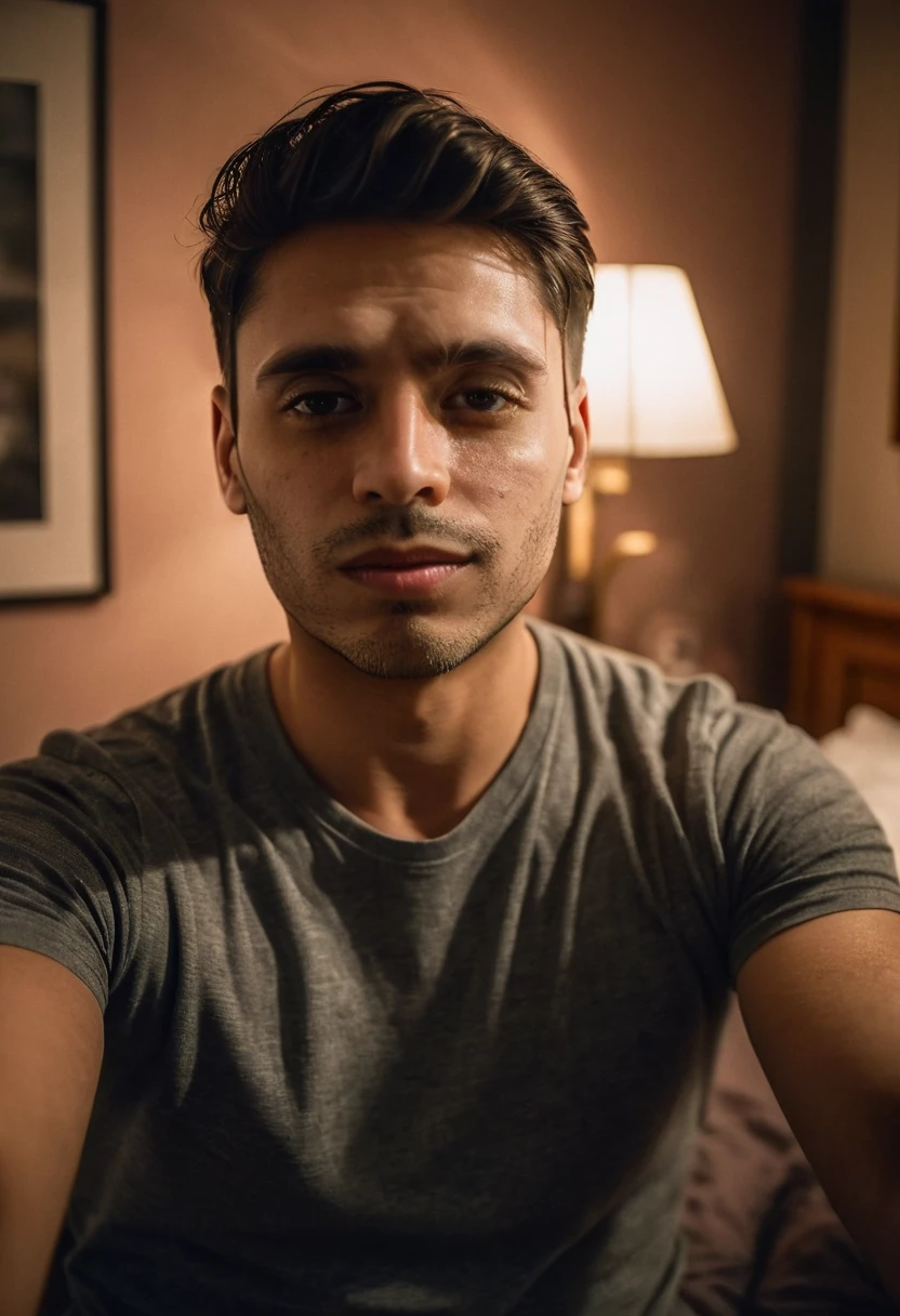 gu, a man taking a selfie in a bedroom, detailed facial features, high quality portrait, dramatic lighting, photorealistic, cinematic, moody atmosphere, warm color tones, shallow depth of field, beautifully lit, intricate details