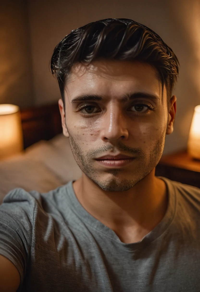 gu, a man taking a selfie in a bedroom, detailed facial features, high quality portrait, dramatic lighting, photorealistic, cinematic, moody atmosphere, warm color tones, shallow depth of field, beautifully lit, intricate details