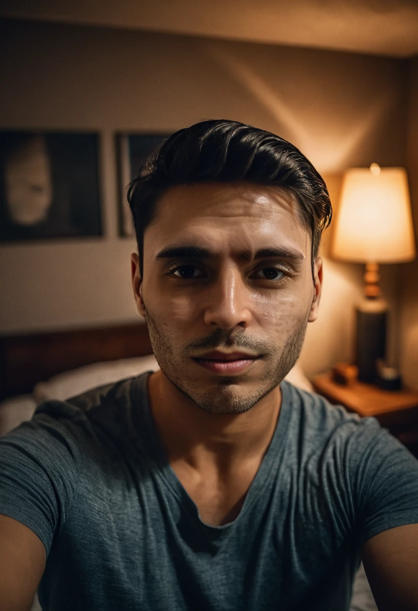 gu, a man taking a selfie in a bedroom, detailed facial features, high quality portrait, dramatic lighting, photorealistic, cinematic, moody atmosphere, warm color tones, shallow depth of field, beautifully lit, intricate details