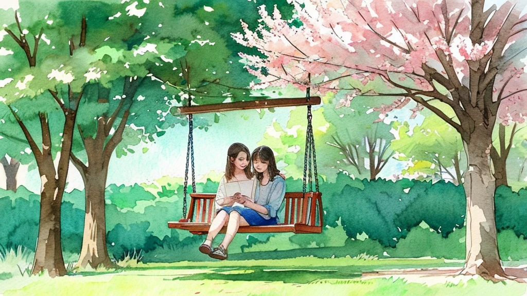 Hyper-realistic paper quilling image, showing a sitting on a swing under a tree with a watercolor painting background of a beautiful natural scene.