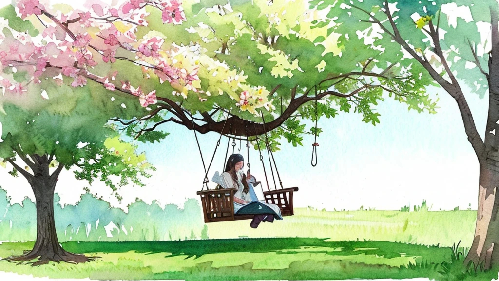 Hyper-realistic paper quilling image, showing a sitting on a swing under a tree with a watercolor painting background of a beautiful natural scene.