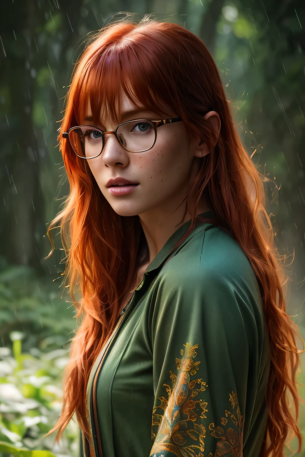 Portrait young red-haired woman with bangs and long hair and transparent glasses, face with freckles walking to the cam in the wood at morning in the rain, shoulder length messy hair, happy, full body, hyperdetailed painting, luminism, 4k resolution, fractal isometrics details bioluminescence , octane render, intricately detailed , cinematic, trending on artstation isometric centered hyperrealistic cover photo awesome full color, hand drawn , gritty, realistic mucha , hit definition , cinematic, on paper, uniforml background, abstract beauty,stand, approaching perfection, pure form, golden ratio, minimalistic, concept art, intricate details, 8k post production, high resolution, hyperdetailed, trending on artstation, sharp focus, studio photo, intricate details, highly detailed