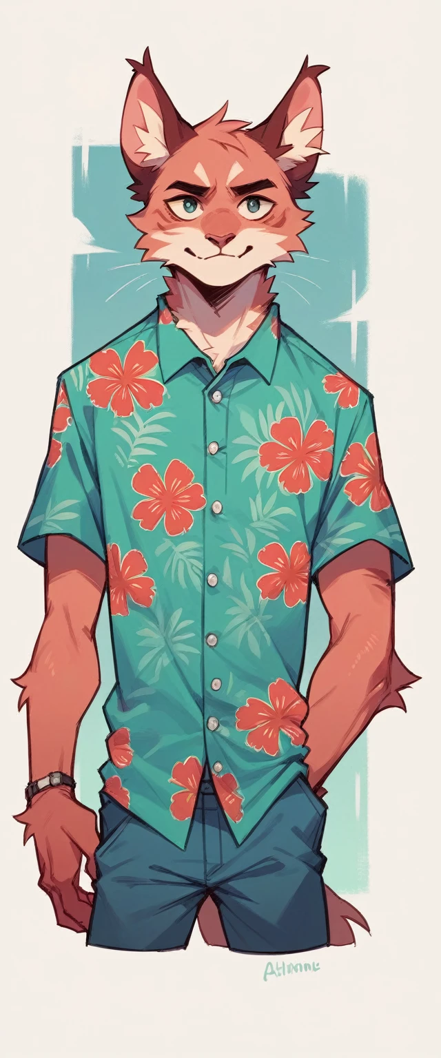 Pale red fluffy cat in a turquoise Hawaiian shirt