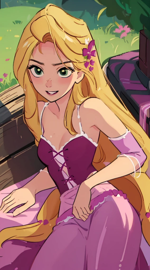 (masterpiece, best quality, high resolution:1.4), rapunzel, green eyes, purple princess dress, skirt long, (loose hair:1.3), (lies glat on her back:1.0),(defeated in combat:1.0), (Rapunzel lies down flat on her back, defeated in combat), dazed & confused, looking at viewer, smile, outdoors, close angle to Rapunzel, direct shot: 1.0, line of action: 1.0, line of sight: 1.0