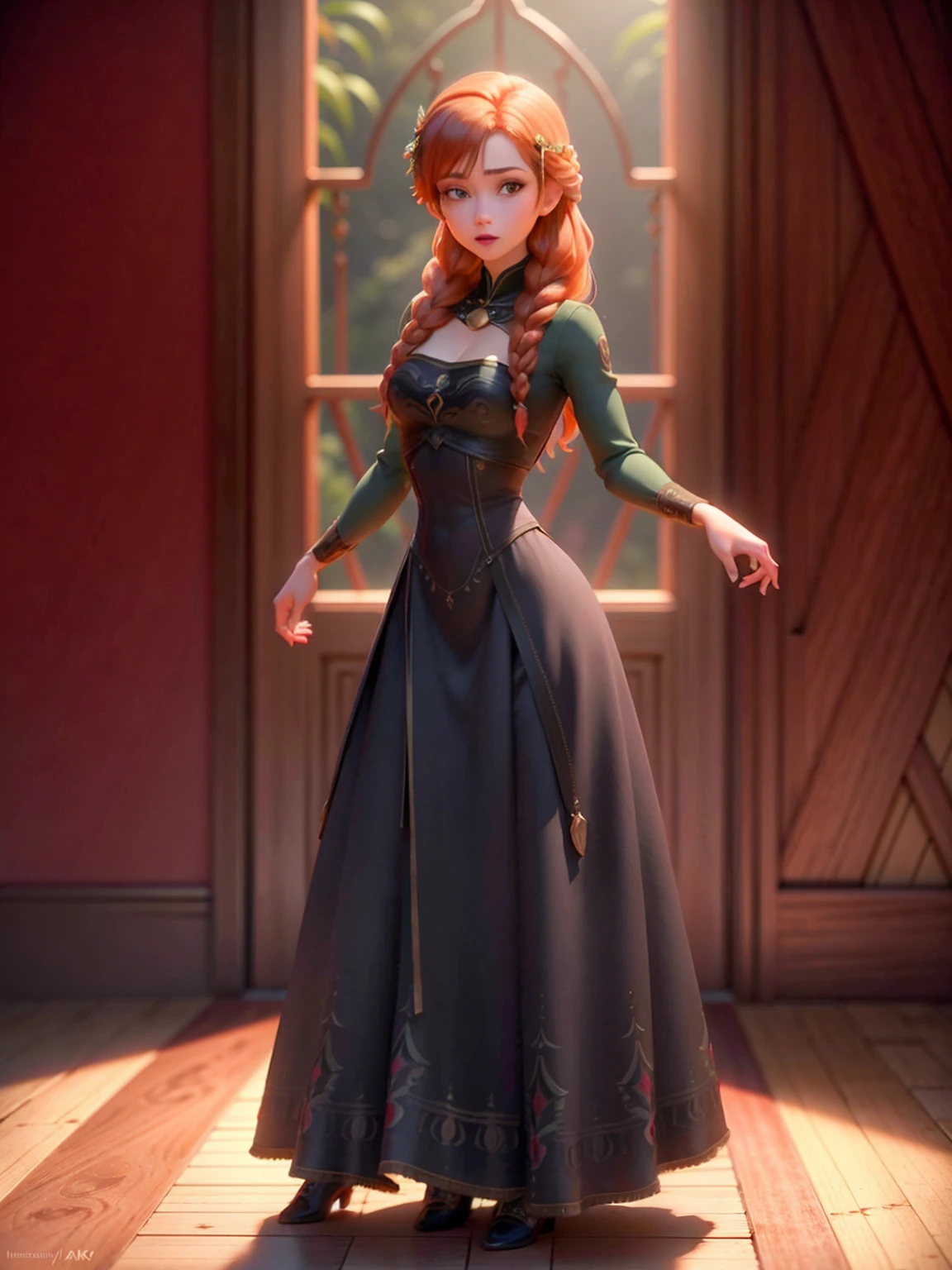 ((Full body photo, standing, on the floor)) A beautiful, detailed portrait of Anna of Arendelle, a young woman with striking features and a graceful pose, showing her toned glutes, (best quality,4k,8k,highres,masterpiece:1.2),ultra-detailed,(realistic,photorealistic,photo-realistic:1.37),detailed muscles, beautiful eyes, voluminous red hair, intricate dress, natural lighting, fantasy castle background, vibrant colors, cinematic composition