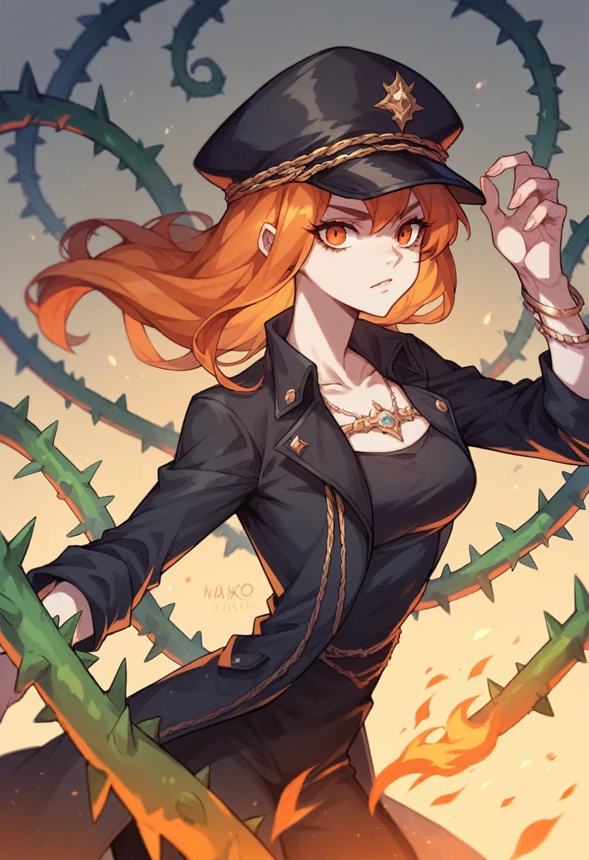 アニメ, White girl , fire orange hair, orange eyes, black captain hat,  black overcoat,black jersey ,bracelets with thorns, darkcore