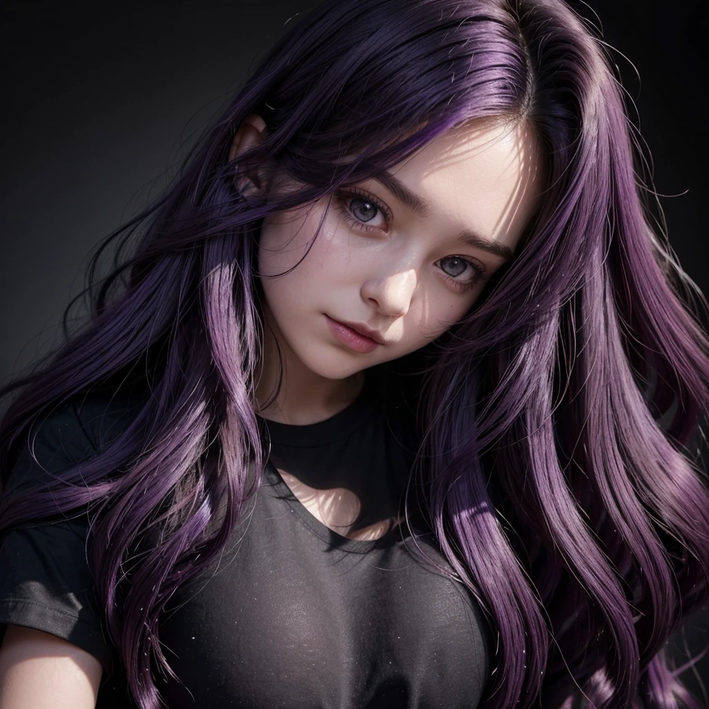 A beautiful girl with long, flowing purple hair, styled in loose waves. She is wearing a black t-shirt that contrasts elegantly with her vibrant hair. The portrait is taken from the front, with her gazing directly into the camera. Her expression is confident and engaging, showcasing her natural beauty and the striking contrast between her purple hair and black shirt