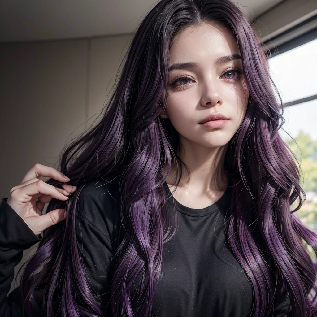 A beautiful girl with long, flowing purple hair, styled in loose waves. She is wearing a black t-shirt that contrasts elegantly with her vibrant hair. The portrait is taken from the front, with her gazing directly into the camera. Her expression is confident and engaging, showcasing her natural beauty and the striking contrast between her purple hair and black shirt