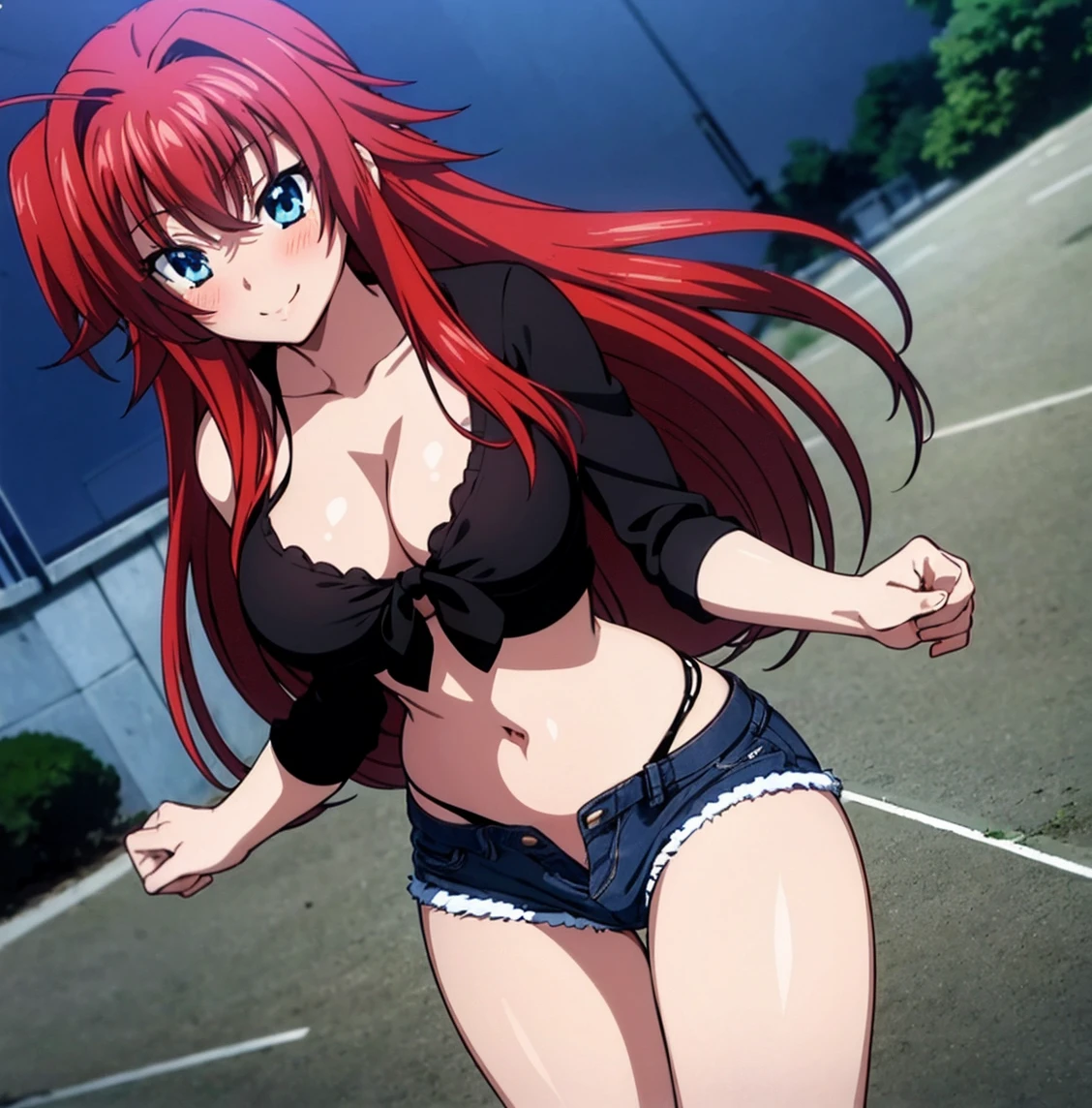 (1girl)),((alone)),RiasGremory,(masterpiece), (best quality), (ultra detailed), (best illustration), (best shadow), (absurdities), sharp focus, cowboy shot, dynamic pose looking at viewer, big breasts, narrow waist, wide hips, medium thighs, round butt, dynamic posture, red hair, long hair, antenna hair, blue eyes, underwear, shorts, panties, breasts, open fly, ribbon, navel, big breasts, red camisole, cleavage, smile, bowknot panties, two sides up, abdomen, unbuttoned, black shorts, open shorts, denim, unbuttoned, smiling, playful look, seductive smile, closed mouth, seductive expression , (sexy pose: 1.2), ((solo)), standing: 1.3, outdoor, night, cityscape, city, streets, city lights, looking forward , ((focus on breasts), point of view (from middle), red blush, perfect anatomy, perfect hands