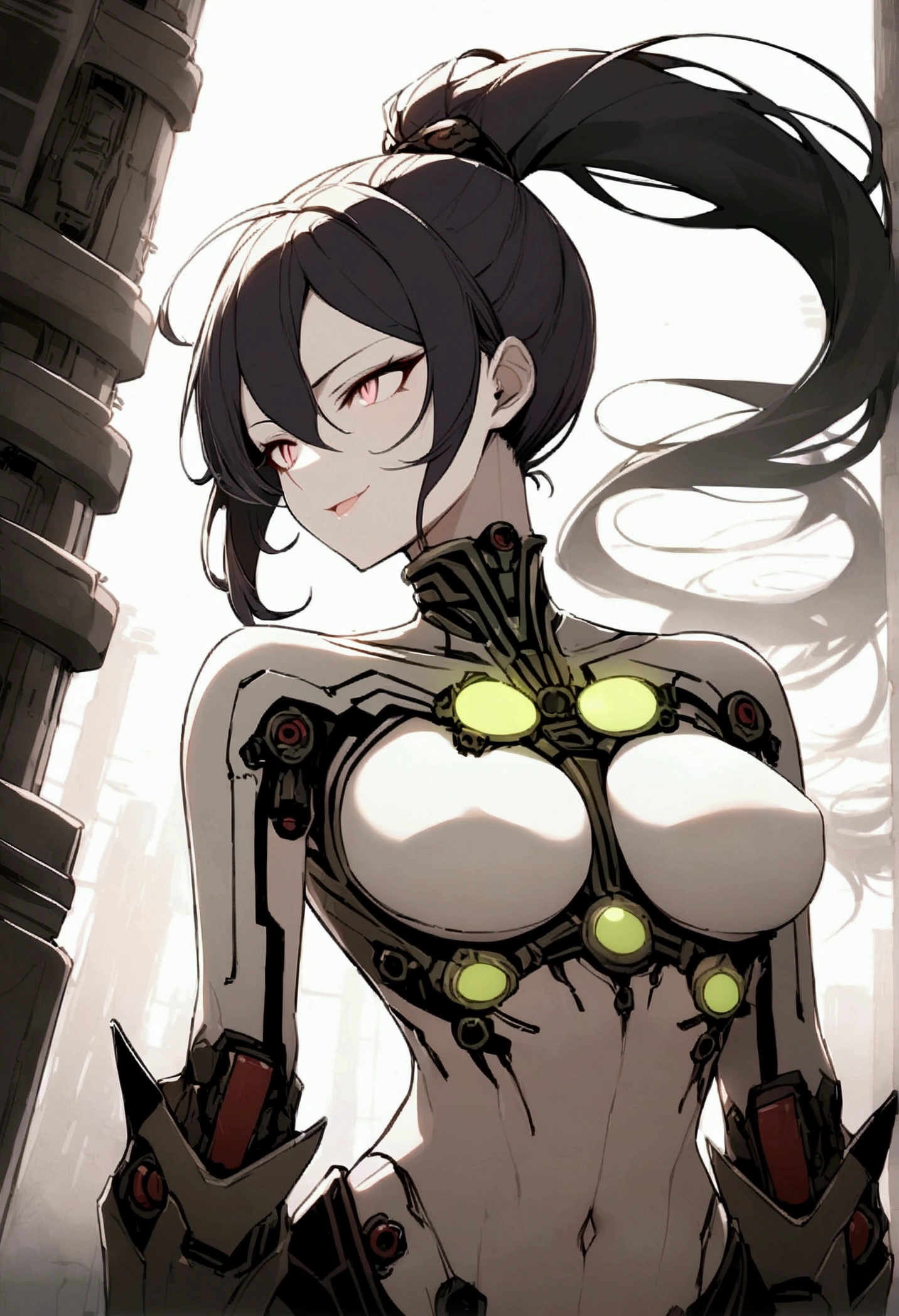 woman, cyborg, high ponytail, eletronics implants, perfect body, black hair, corruption, seductive  smile, evil smile, 