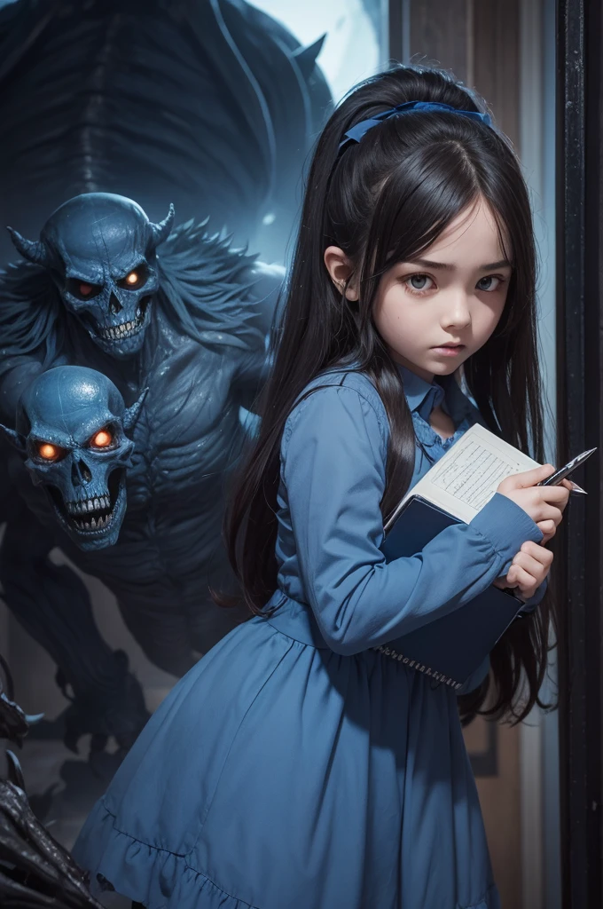 A girl in blue holding a notebook of death , and on the side a demonic Monster behind her, (Best quality)