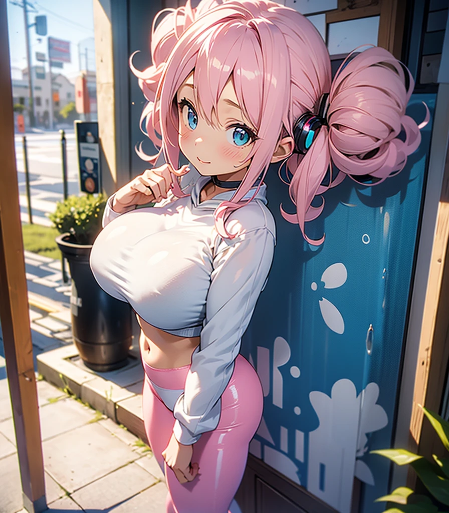 (super detailed, realistic, 8k) 1girl, solo, Super Sonico  at a boba tea shop,, wearing white flat bill cap, white cropped hoodie, black latex leggings , 19 years old, large breasts, triple D cup breasts, round buttocks, bubbly buttocks, wide hips, bubbly ass , blue eyes, pink hair, blue highlights, under boob