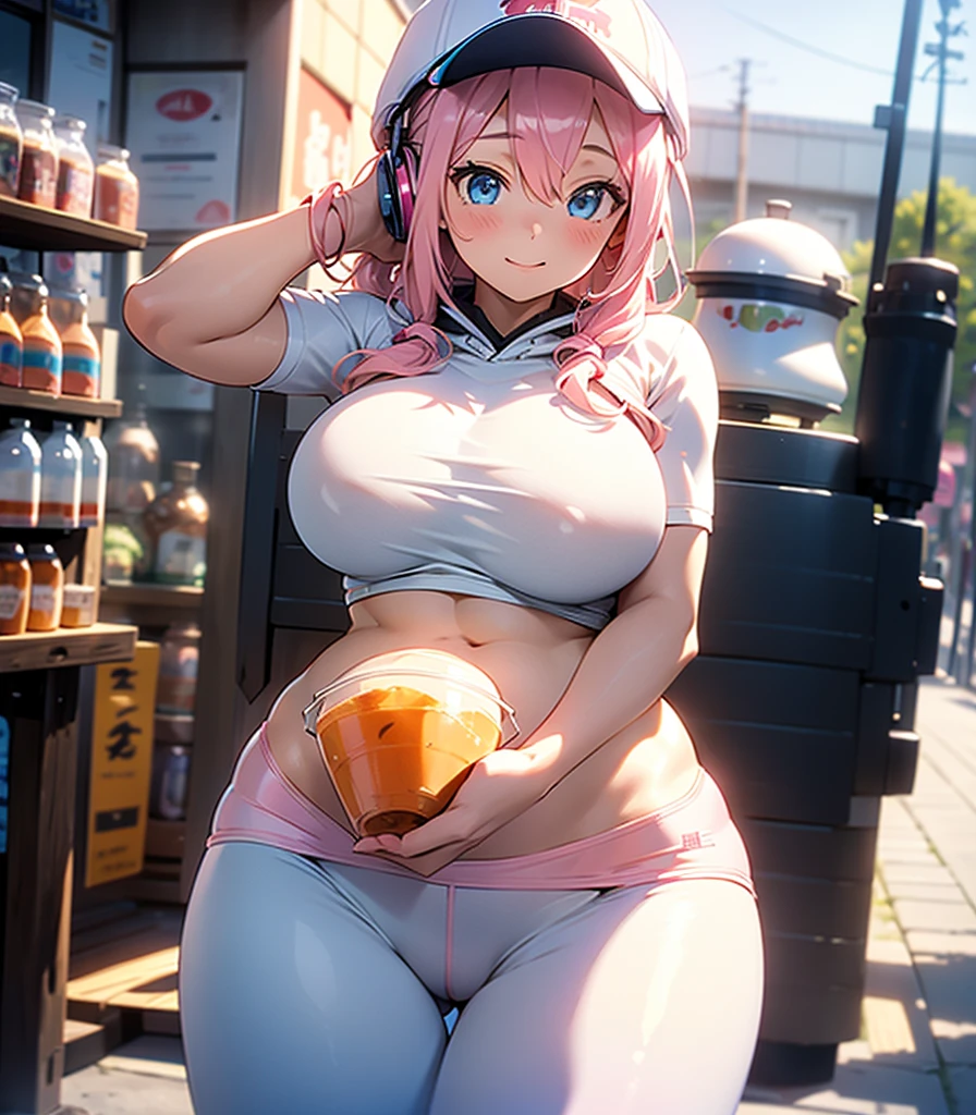 (super detailed, realistic, 8k) 1girl, solo, Super Sonico  at a boba tea shop,, wearing white flat bill cap, white cropped hoodie, black latex leggings , 19 years old, large breasts, triple D cup breasts, round buttocks, bubbly buttocks, wide hips, bubbly ass , blue eyes, pink hair, blue highlights, under boob