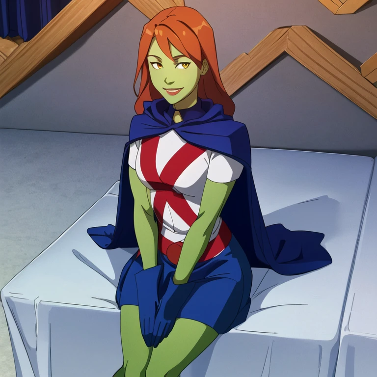 8k,highres,absurdres,masterpiece,best quality,original,extremely detailed CG,extremely detailed wallpaper,perfect, MissMartianYJ, girl1, solo, orange eyes, green skin, hair, White shirt, red X logo, blue gloves, long blue cape, short sleeves, blue skirt, smile, sitting