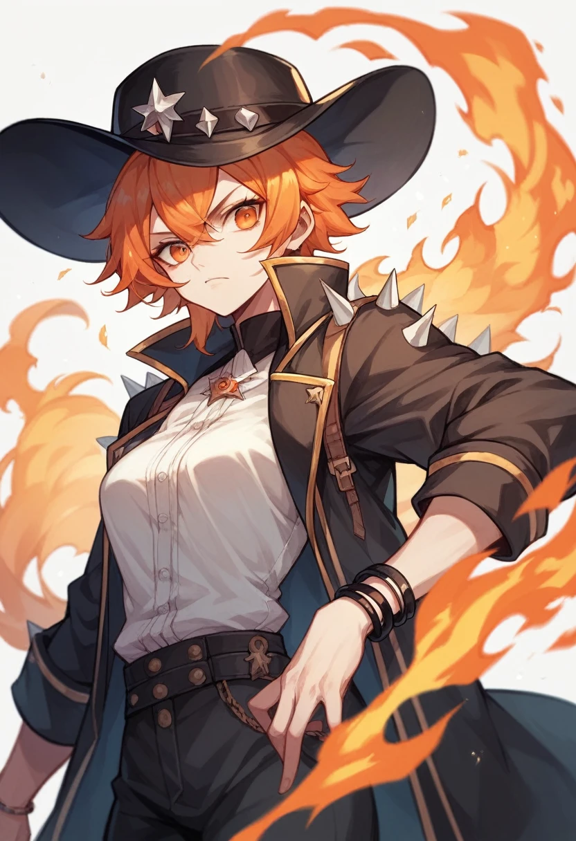 アニメ, White girl , fire orange hair, orange eyes, black captain hat, long sleeve black open shirt, black darkcore bracelets with bracelet spikes