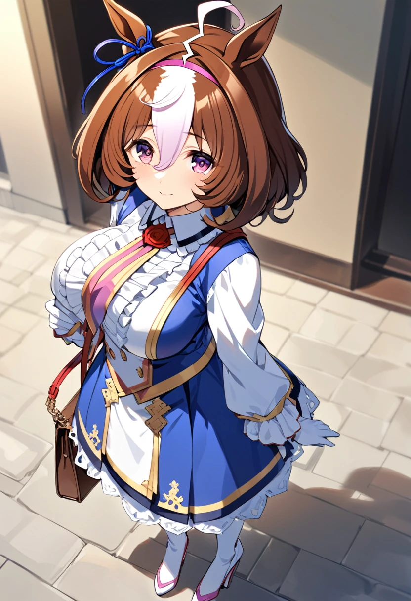 from above,meisho doto \(umamusume\),white shirt, collared shirt, white gloves, shoulder bag, strap between breasts, blue skirt, long sleeves, white thighhighs, high heels, handbag, white footwear, center frills, sleeves past wrist,light smile,looking_at_viewer