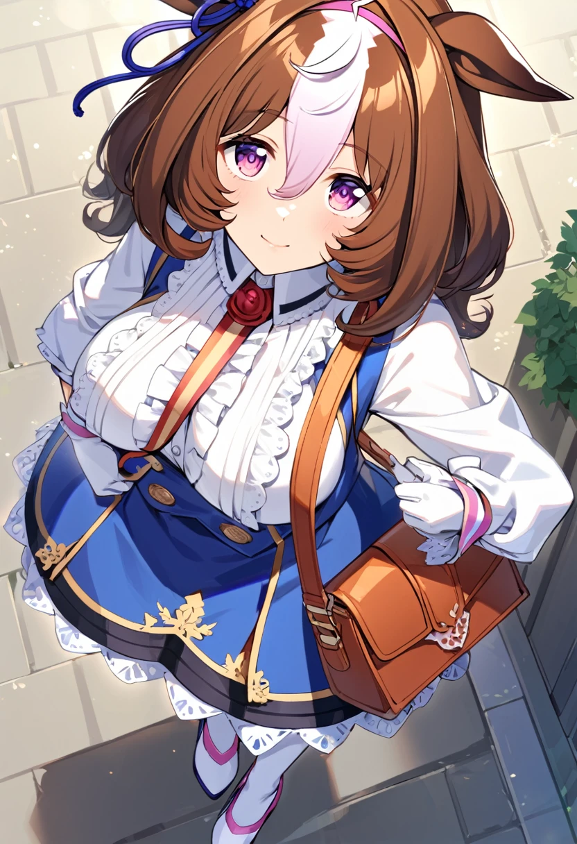 from above,meisho doto \(umamusume\),white shirt, collared shirt, white gloves, shoulder bag, strap between breasts, blue skirt, long sleeves, white thighhighs, high heels, handbag, white footwear, center frills, sleeves past wrist,light smile,looking_at_viewer