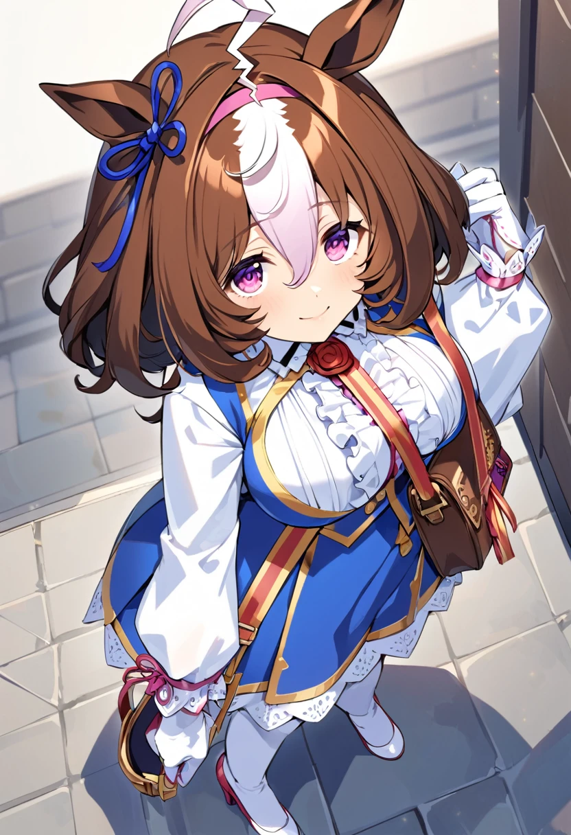 from above,meisho doto \(umamusume\),white shirt, collared shirt, white gloves, shoulder bag, strap between breasts, blue skirt, long sleeves, white thighhighs, high heels, handbag, white footwear, center frills, sleeves past wrist,light smile,looking_at_viewer