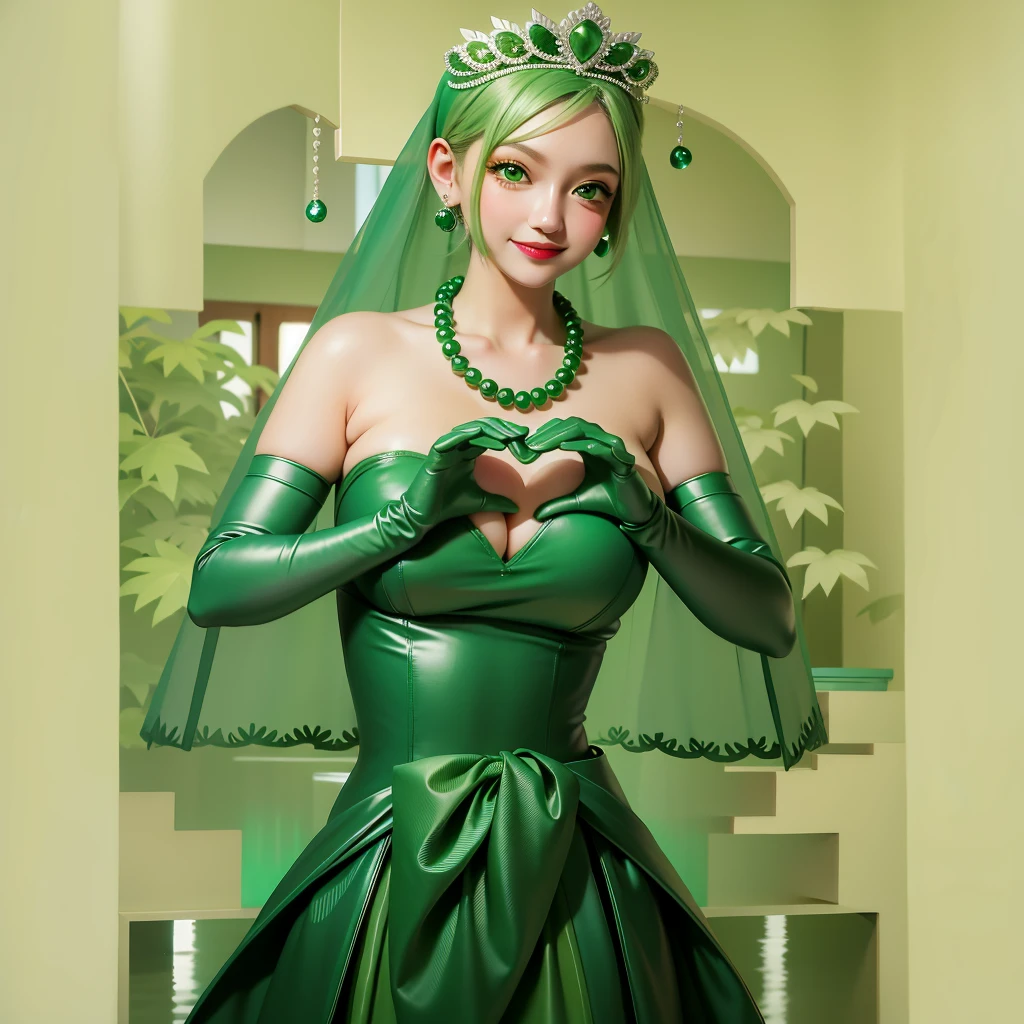 Emerald tiara, Green Pearl Necklace, ボーイッシュな非常に短いGreen Hair, Green Lips, Smiling Japanese woman, Very short hair, Busty beautiful lady, Green Eyes, Green satin long gloves, Green Eyes, Emerald Earrings, Green veil, Heart with both hands, Green Hair, Beautiful Japanese Woman, Heart shaped hands:1.3, green lip gloss