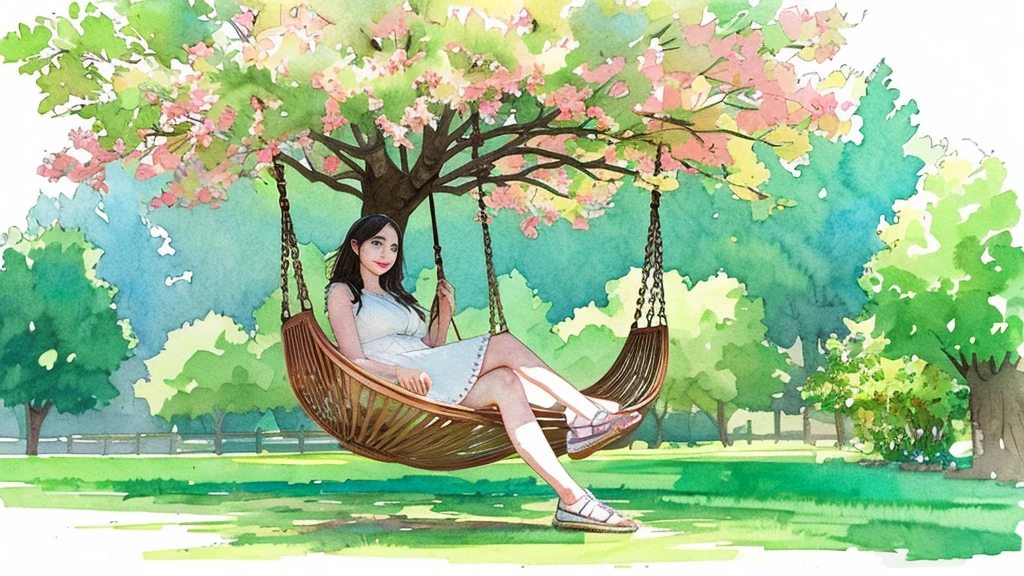 Hyper-realistic paper quilling image, showing a sitting on a swing under a tree with a watercolor painting background of a beautiful natural scene.