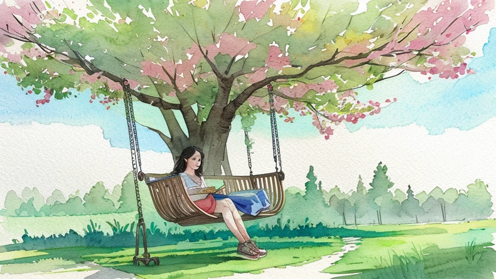 Hyper-realistic paper quilling image, showing a  sitting on a swing under a tree with a watercolor painting background of a beautiful natural scene.