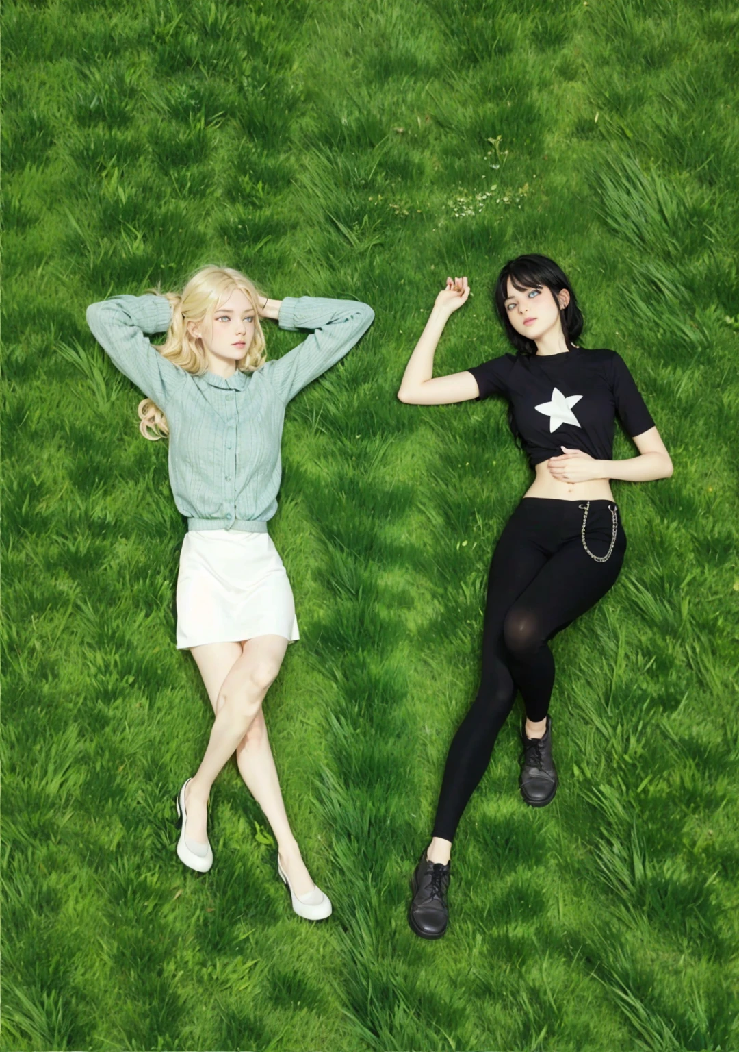 2 girls lying on the grass, one has short black hair and blue eyes , the other long wavy blonde hair and green eyes
