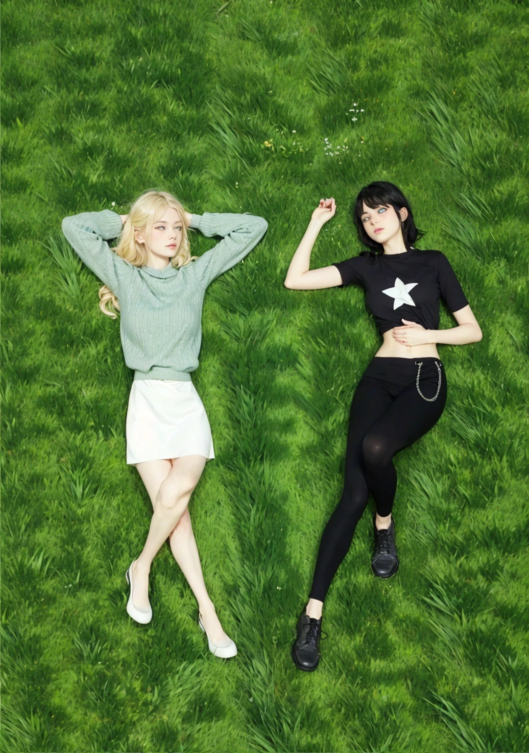 2 girls lying on the grass, one has short black hair and blue eyes , the other long wavy blonde hair and green eyes