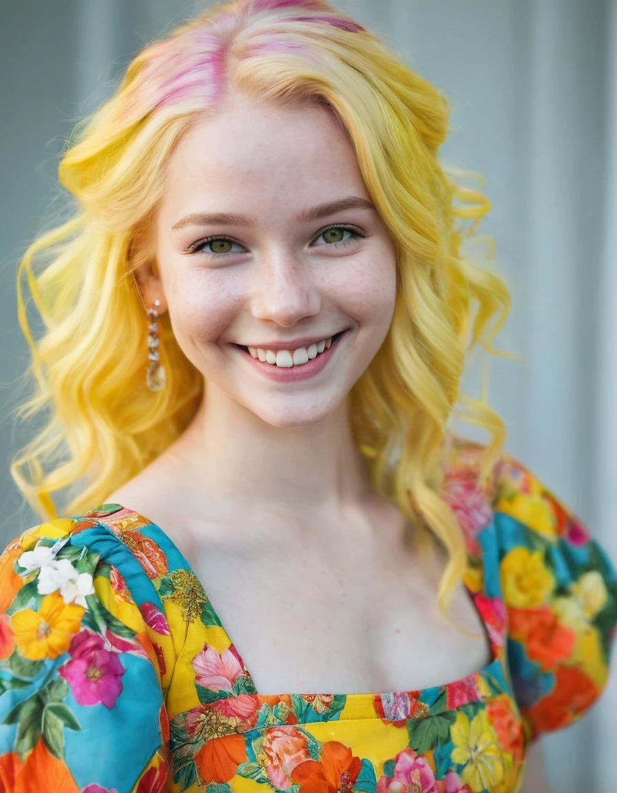 girl with white skin, yellow hair and light eyes smiling in a colorful dress