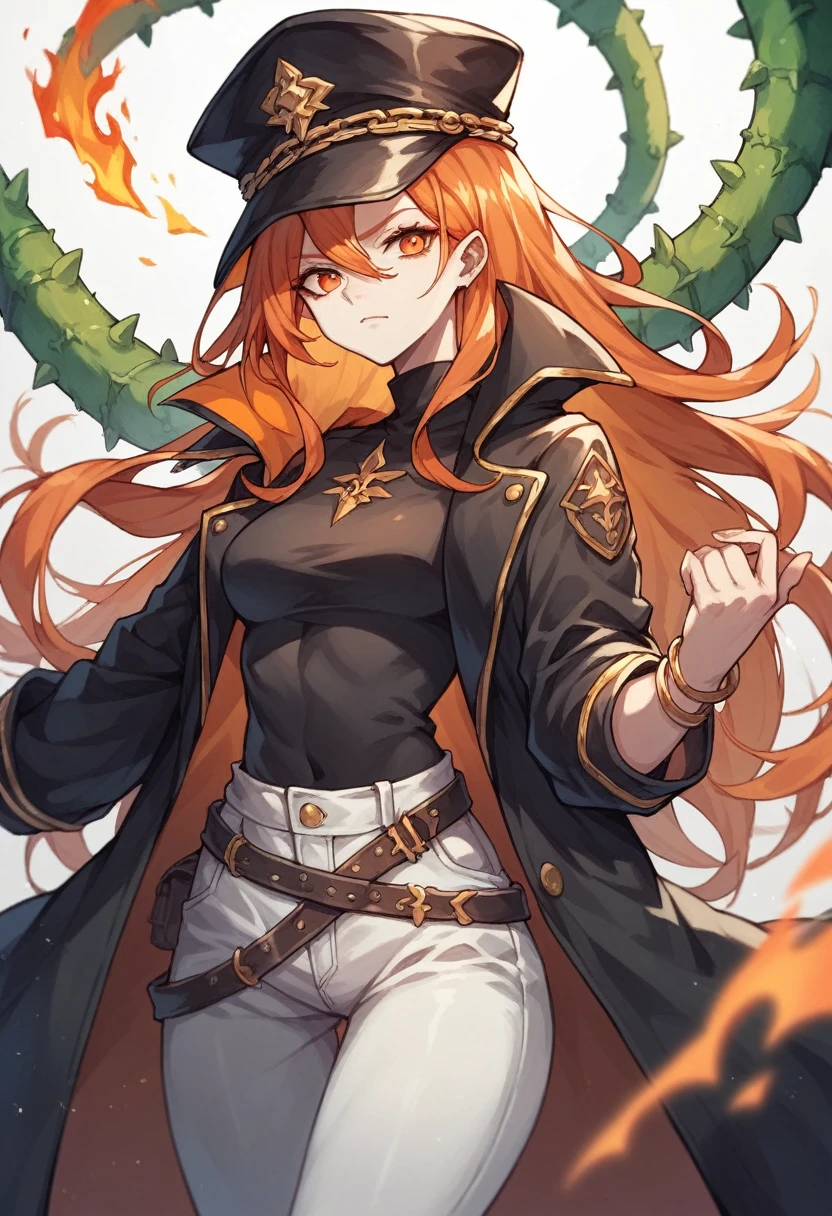アニメ, White girl , fire orange hair, orange eyes, black captain hat,  black overcoat,black jersey ,bracelets with thorns, darkcore