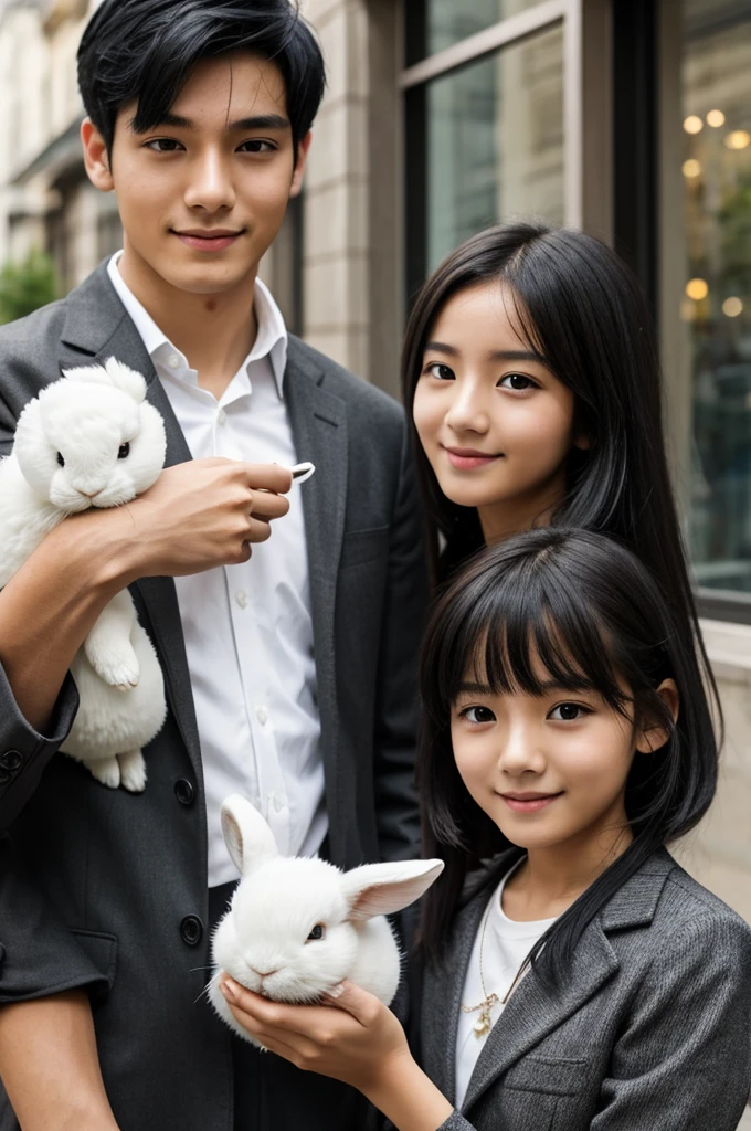Slim build girl, gray eyes and black hair next to a boy holding a white rabbit together 