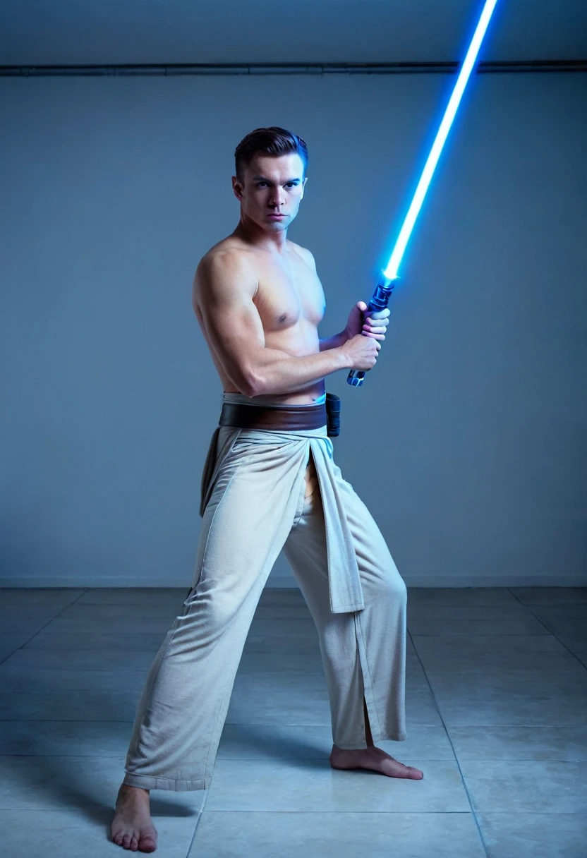 A thirty-year-old Jedi warrior trains in an empty room. He is dressed in light trousers. Bare chest and shoulders. In his hands is a blue lightsaber.