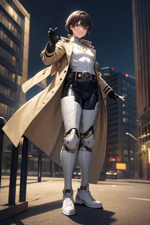 ((best quality)), ((masterpiece)), (detailed), 1 boy in trench coat standing on a building, full body, 19 years old, brown hair with white ends, long, bangs, girlish face, green eyes, mischievous smile, tall and thin, slim, long beige trench coat, open trench coat showing his emblem, black fingerless gloves, white wristbands, white superhero armor, white chest with emblem, blue luminous "I" letter emblem on chest, blue I-shaped emblem, letter I, black pants, white knee pads, metallic white shoes, superhero belt, nanotechnology in the air, city background, anime
