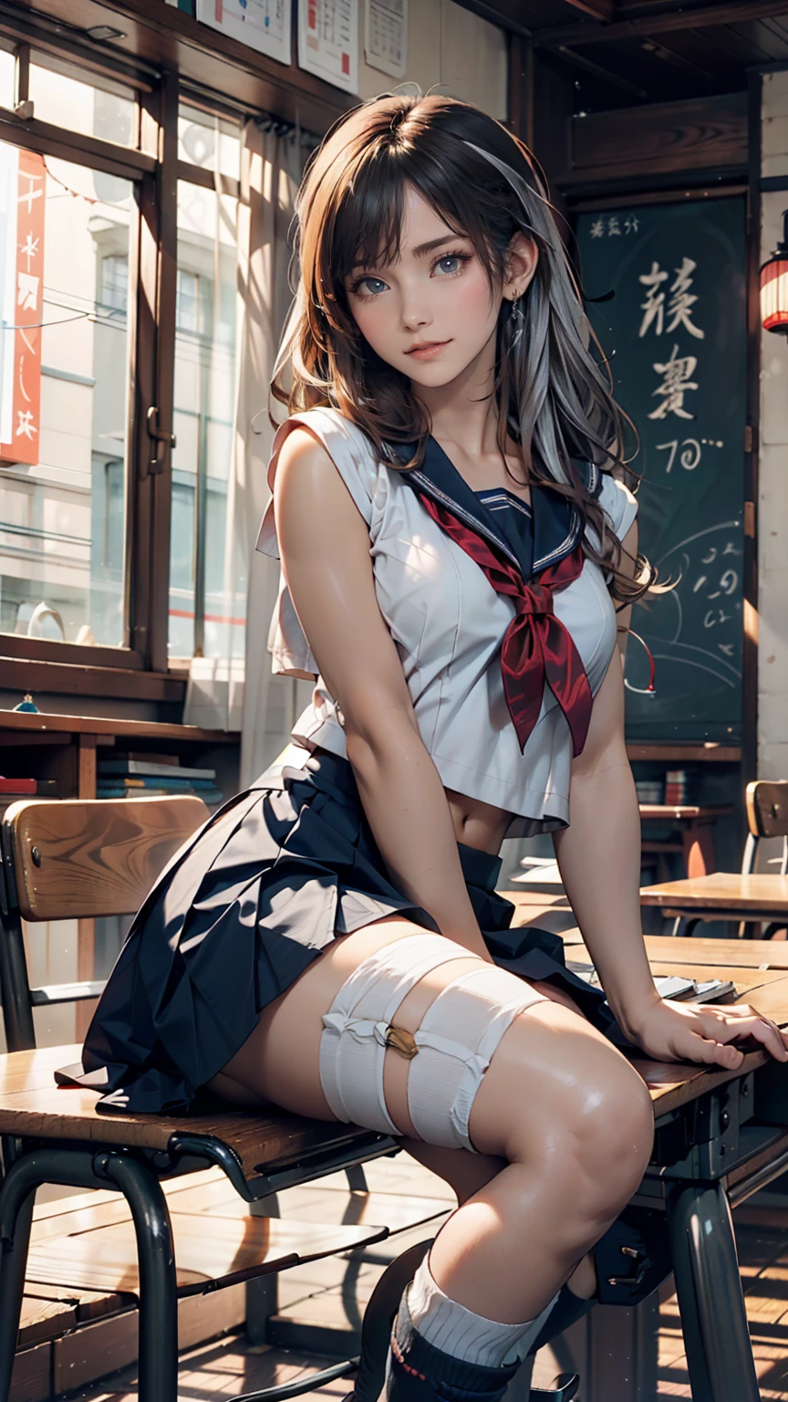 comely, work of art, best qualityer, extreme detailed face, perfect lighting, 1 girl, standing alone, matoi ryuuko b, Senketsu, suspender skirt, squatting down,blush, cowboy shot