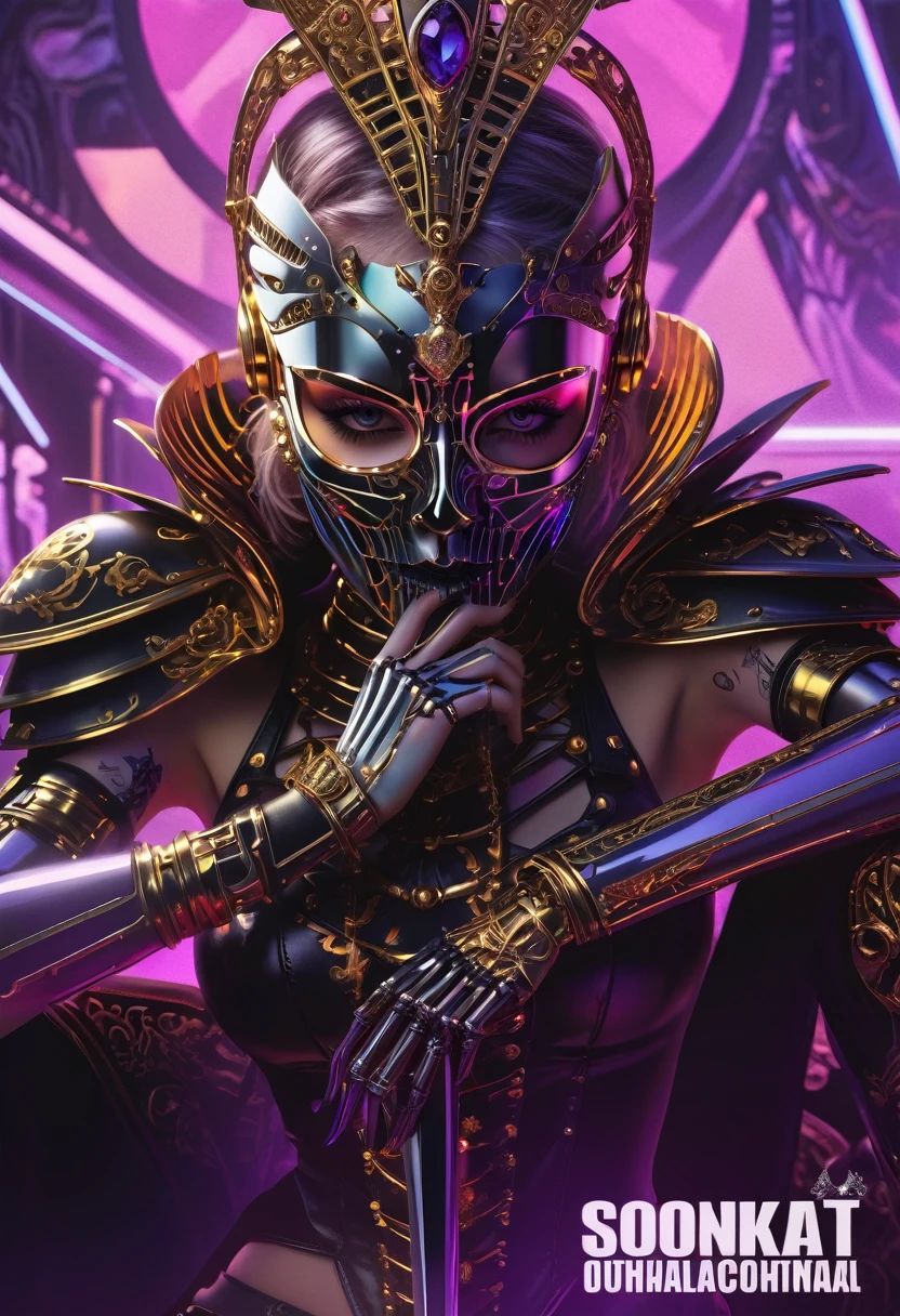 ( High quality , Ultra-detail, carefully with your hand )tarot card, chiaroscuro technique on sensual illustration of an queen of sword, a teenage fashion model wearing an exo-skeleton mask, vibrant colors, futuristic cyberpunk style, intricate details, cinematic lighting, dramatic pose, an elegant complex bio mechanical onyx and gold, intricate details, official art, unity 8k wallpaper, ultra detailed, beautiful and aesthetic, (in a room with black walls illuminated by violet neon lights :1.1)