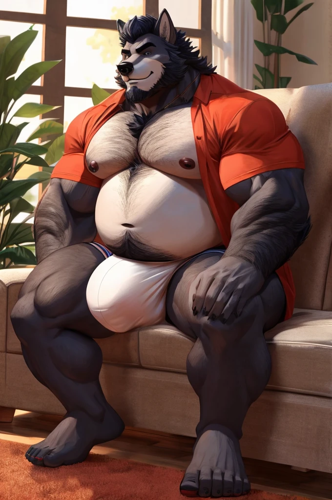 Middle-age Male wolf, tall, giant body, handsome, dad bod, beefy, strong arms and legs, wide shoulders, a bit chubby muscle gut, a bit of fat but still very muscular, black fur, extremely hair, (a lot of body hair), short hair, short beard, wearing a simple white underwear, (oversized huge round bulge), barefoot, sitting on couch, living room