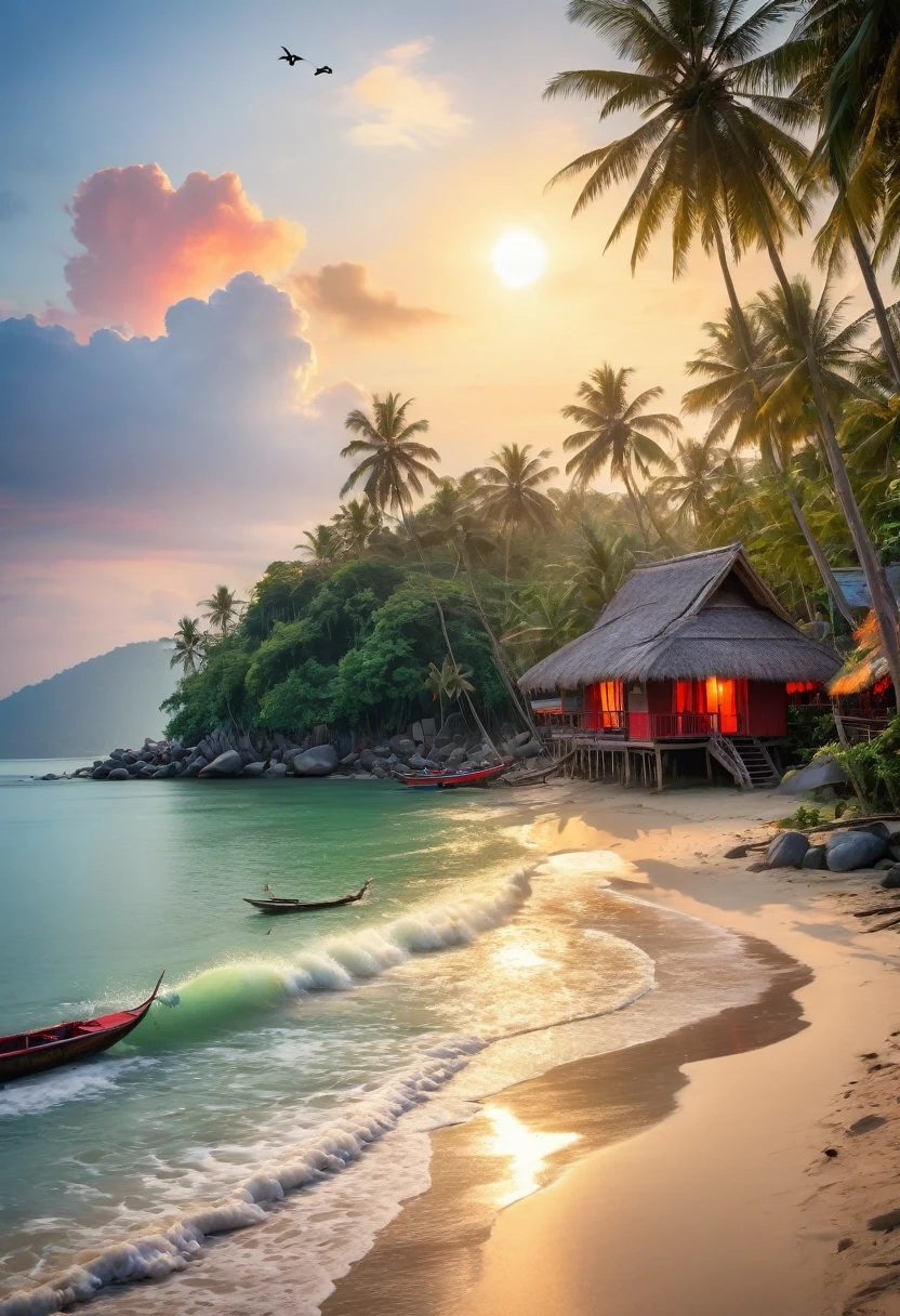 Picturesque village landscape set on the shore of a tranquil sea in Thailand. morning red sun Create a magical atmosphere Village of bamboo huts with thatched roofs Coconut trees sway gently, birds search for food, waves crash on the shore and fishing boats float in the water, Carl Larsson, Fujicolor, UHD