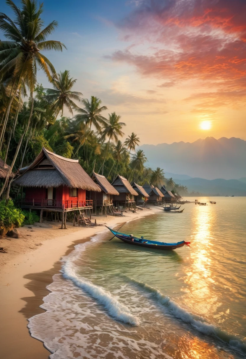 Picturesque village landscape set on the shore of a tranquil sea in Thailand. morning red sun Create a magical atmosphere Village of bamboo huts with thatched roofs Coconut trees sway gently, birds search for food, waves crash on the shore and fishing boats float in the water, Carl Larsson, Fujicolor, UHD