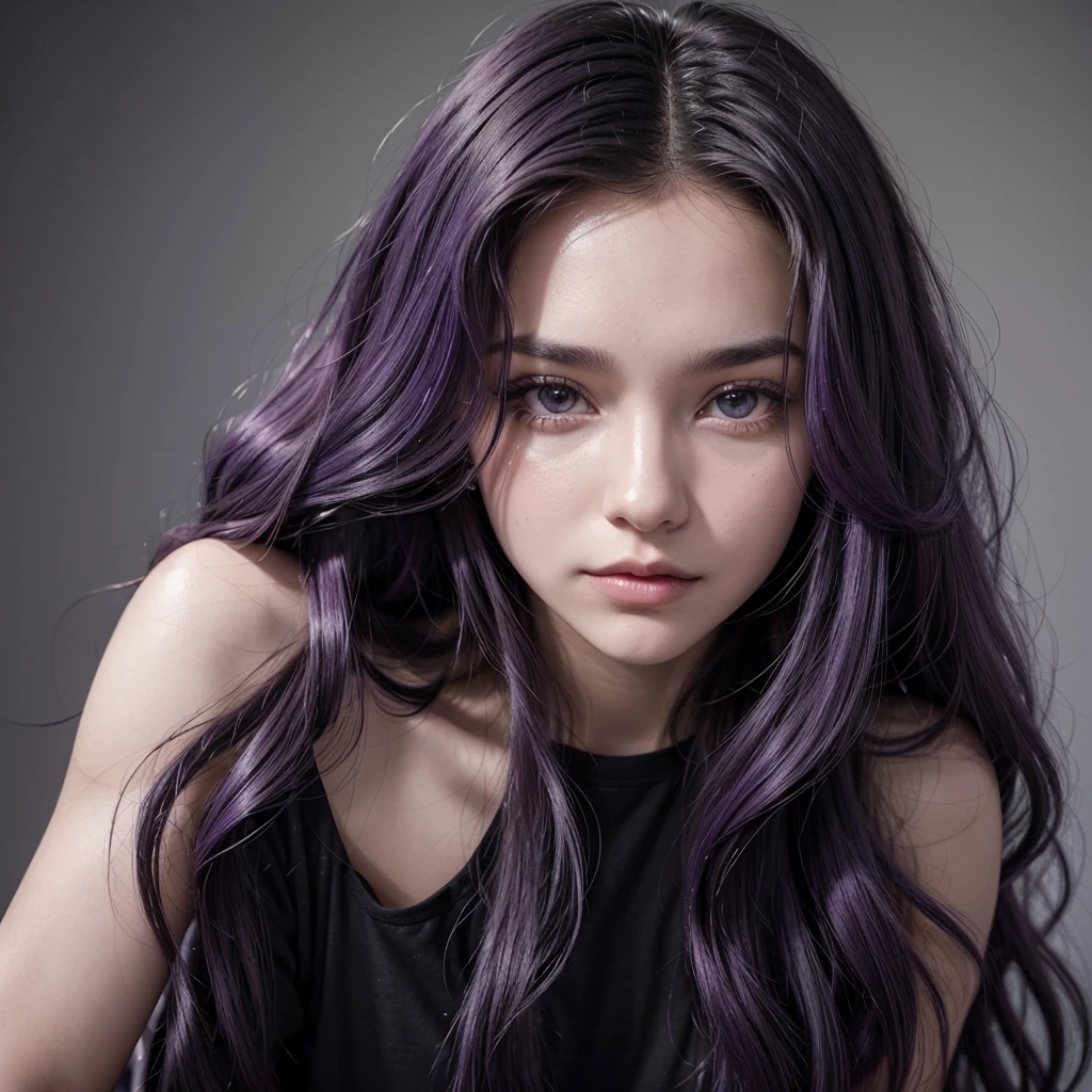 A beautiful girl with long, flowing purple hair, styled in loose waves. She is wearing a black t-shirt that contrasts elegantly with her vibrant hair. The portrait is taken from the front, with her gazing directly into the camera. Her expression is confident and engaging, showcasing her natural beauty and the striking contrast between her purple hair and black shirt