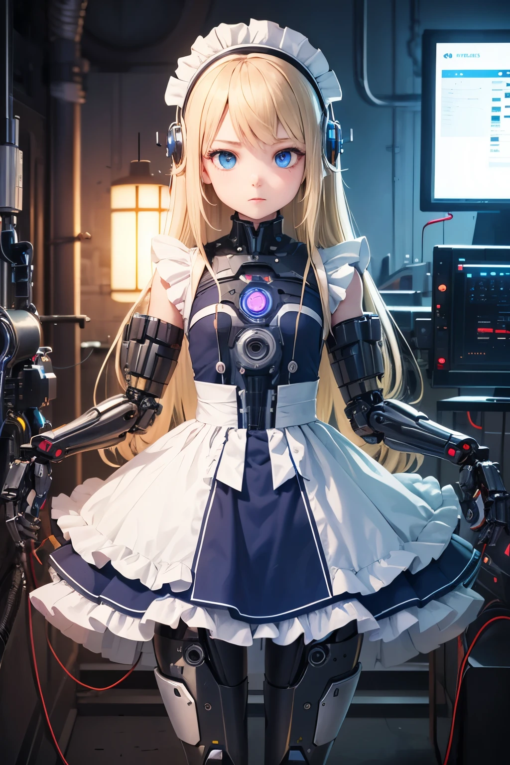 girl ,girl 12 year old , mechanical face , futuristic maid dress ,flat chest ,long blonde hair frinje ,( body), mechanic-headband, blue leds ,blue light auréola, quality, 8k ,maid uniform , Cyborg arms. Mechanical Limbs Metal, Mechanical legs .Power cablles conected in machine. Circuitos.